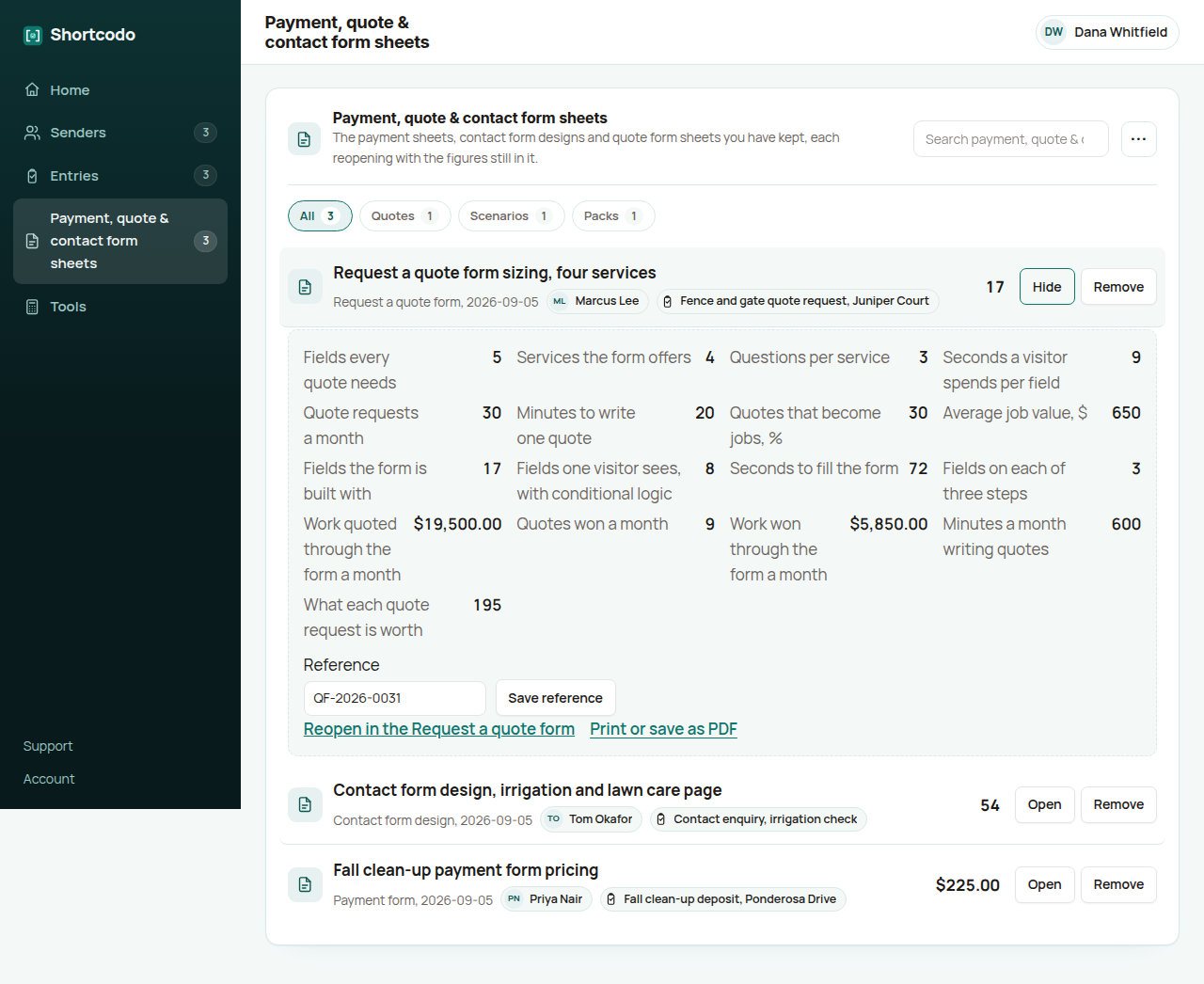 The Shortcodo workspace showing a kept request a quote form sheet: the base fields, four services with three questions each, the requests a month, the win rate and the average job, with the fields seen, the seconds to fill and the work won printed, beside the quote requests the form took.